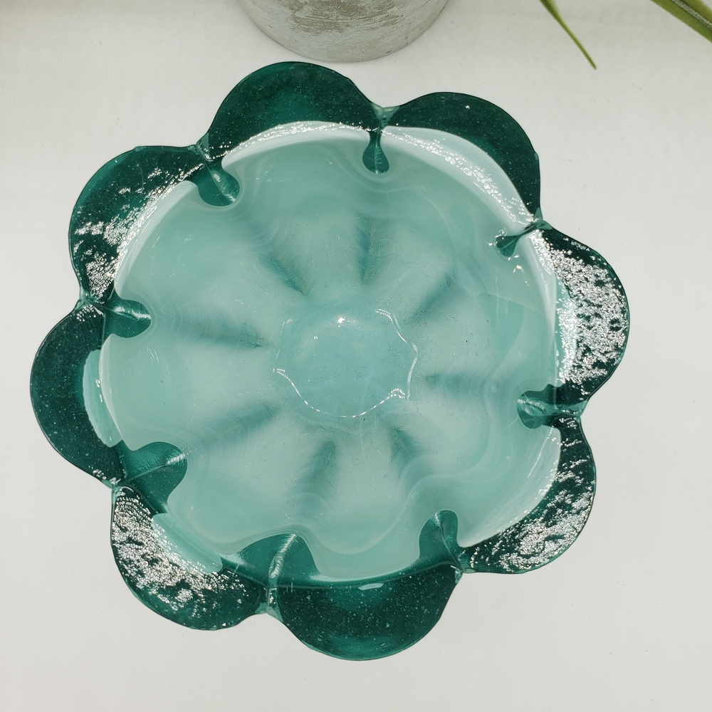 Vitrocolor Recycled Agate White Teal Blue Floral Design Art Glass Bowl - Picture 5 of 8